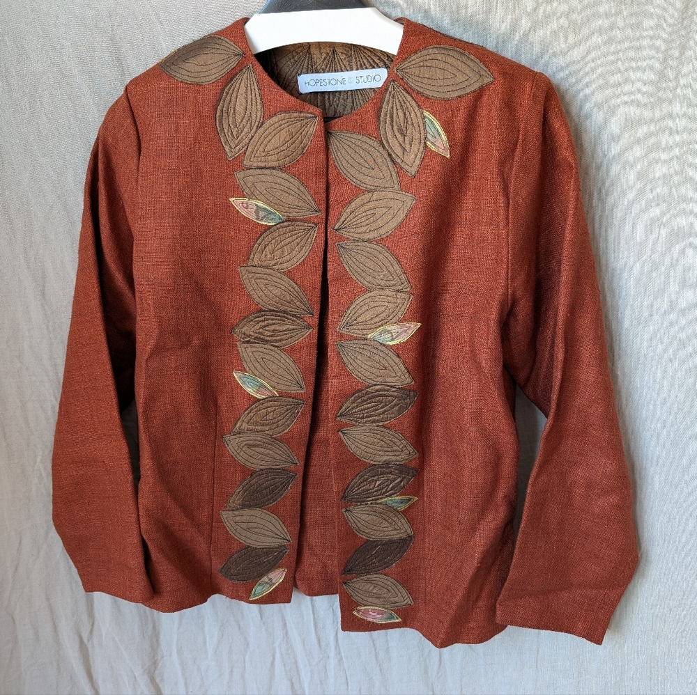 Hopestone Women Jacket Blazer Leaf Embroidery Applique Fall Autumn Artsy Unique